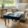 Footstool Dark Teal Floral Velvet with Natural Beech Legs