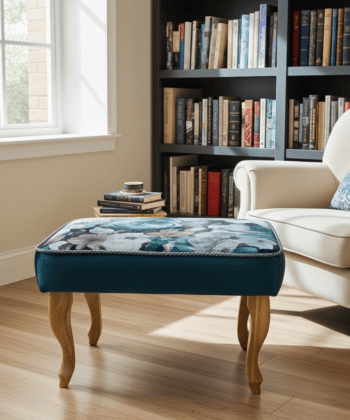 Footstool Dark Teal Floral Velvet with Natural Beech Legs