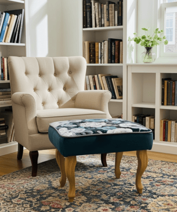 Footstool Dark Teal Floral Velvet with Natural Beech Legs