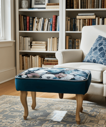Footstool Dark Teal Floral Velvet with Natural Beech Legs