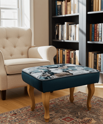 Footstool Dark Teal Floral Velvet with Natural Beech Legs