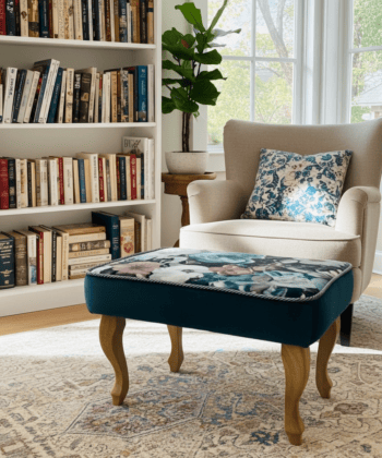 Footstool Dark Teal Floral Velvet with Natural Beech Legs