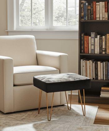 Monochrome Floral 60x40cm Velvet Footstool with Black Sides and Gold Hairpin Legs