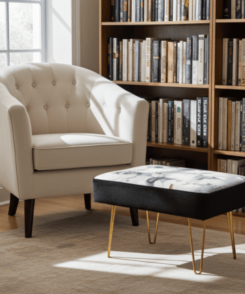 Monochrome Floral 60x40cm Velvet Footstool with Black Sides and Gold Hairpin Legs