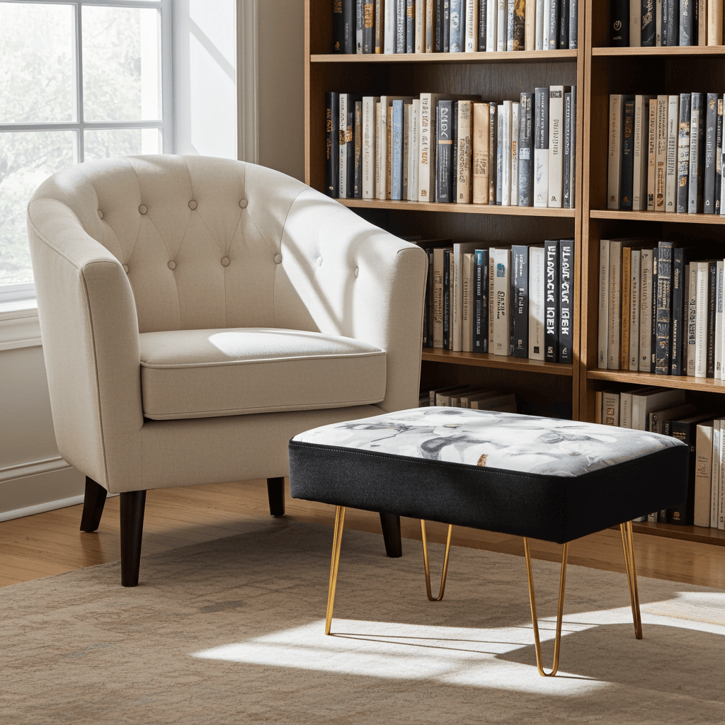 Monochrome Floral 60x40cm Velvet Footstool with Black Sides and Gold Hairpin Legs
