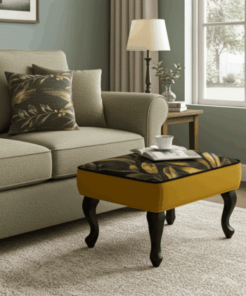 Mustard Velvet Footstool with Gold Leaf Design