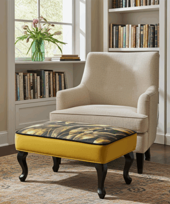 Mustard Velvet Footstool with Gold Leaf Design