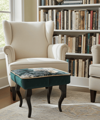 Velvet Footstool Deep Green Floral Elegance with Beech Legs