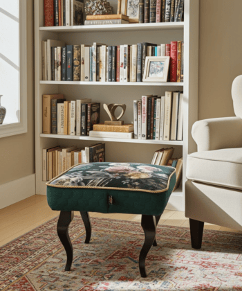 Velvet Footstool Deep Green Floral Elegance with Beech Legs