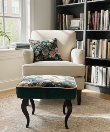 Velvet Footstool Deep Green Floral Elegance with Beech Legs
