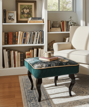 Velvet Footstool Deep Green Floral Elegance with Beech Legs