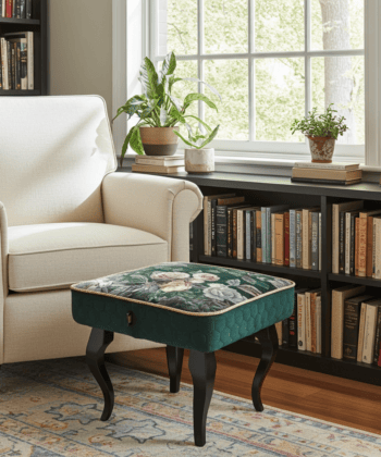 Velvet Footstool Deep Green Floral Elegance with Beech Legs