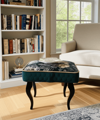 Velvet Footstool Deep Green Floral Elegance with Beech Legs