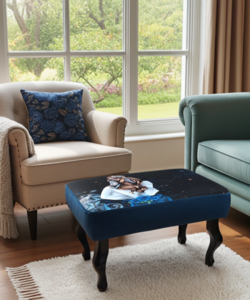 Floral Dreamscape Blue Velvet Footstool 60x40 cm – Artistic Illustration with Curved Beech Legs