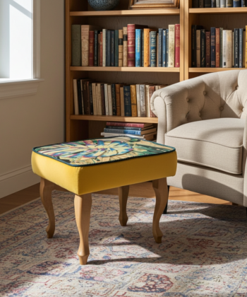 Footstool Yellow Velvet with Artistic Floral Top Natural Beech Legs