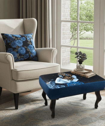 Floral Dreamscape Blue Velvet Footstool 60x40 cm – Artistic Illustration with Curved Beech Legs