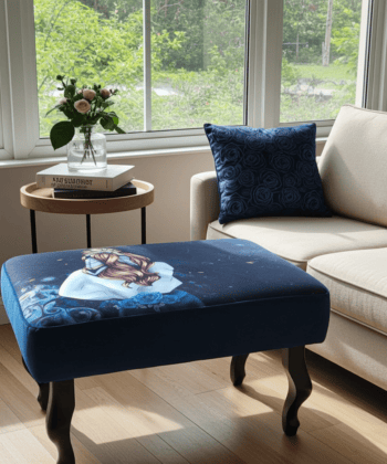 Floral Dreamscape Blue Velvet Footstool 60x40 cm – Artistic Illustration with Curved Beech Legs