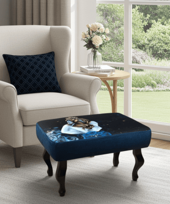Floral Dreamscape Blue Velvet Footstool 60x40 cm – Artistic Illustration with Curved Beech Legs