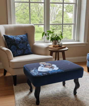 Floral Dreamscape Blue Velvet Footstool 60x40 cm – Artistic Illustration with Curved Beech Legs