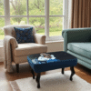 Floral Dreamscape Blue Velvet Footstool 60x40 cm – Artistic Illustration with Curved Beech Legs