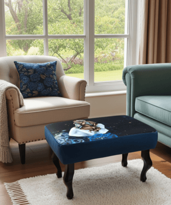 Floral Dreamscape Blue Velvet Footstool 60x40 cm – Artistic Illustration with Curved Beech Legs