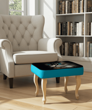 Turquoise Cat Print Velvet Footstool 60x40cm