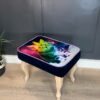 Footstool Rainbow Cat Design Velvet with Natural Beech Legs