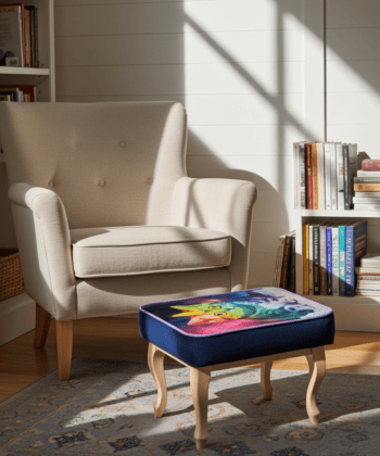 Footstool Rainbow Cat Design Velvet with Natural Beech Legs