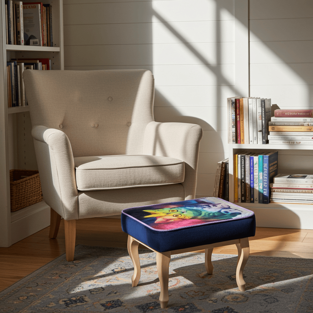 Footstool Rainbow Cat Design Velvet with Natural Beech Legs