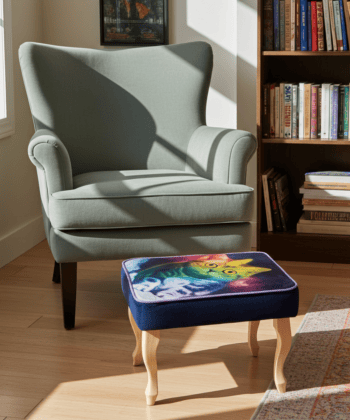 Footstool Rainbow Cat Design Velvet with Natural Beech Legs