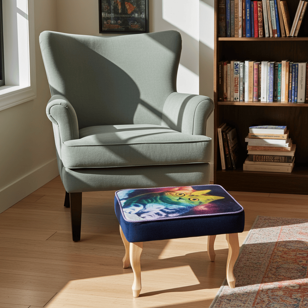 Footstool Rainbow Cat Design Velvet with Natural Beech Legs