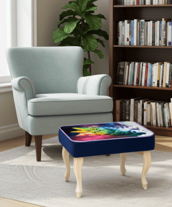 Footstool Rainbow Cat Design Velvet with Natural Beech Legs