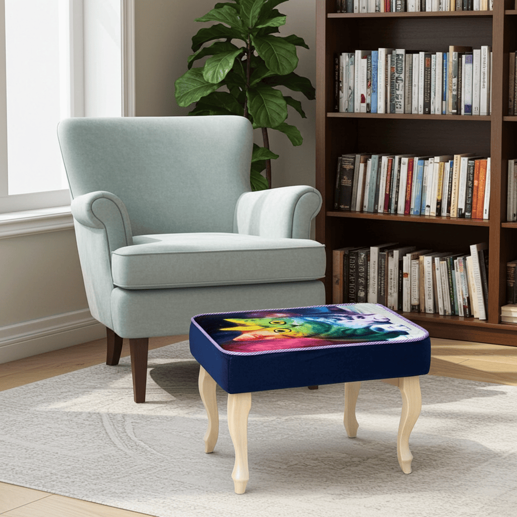 Footstool Rainbow Cat Design Velvet with Natural Beech Legs