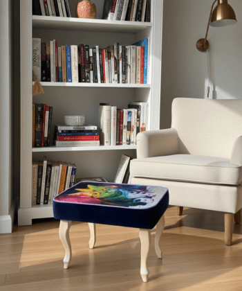 Footstool Rainbow Cat Design Velvet with Natural Beech Legs