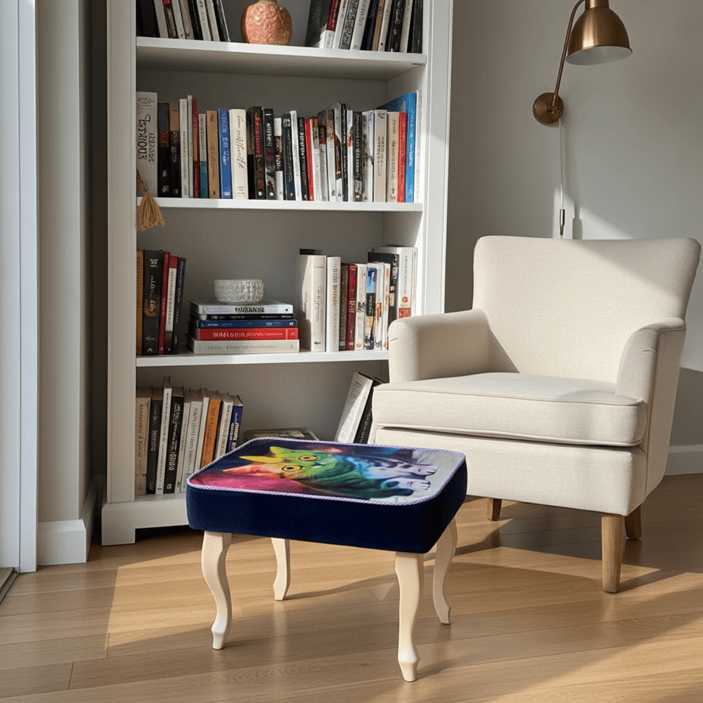 Footstool Rainbow Cat Design Velvet with Natural Beech Legs