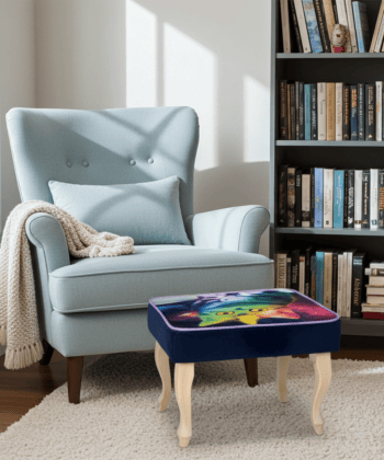 Footstool Rainbow Cat Design Velvet with Natural Beech Legs