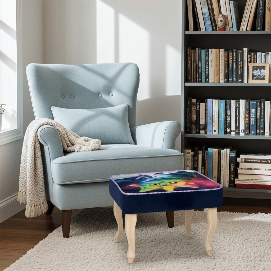 Footstool Rainbow Cat Design Velvet with Natural Beech Legs