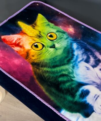 Footstool Rainbow Cat Design Velvet with Natural Beech Legs