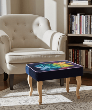 Footstool Rainbow Cat Design Velvet with Natural Beech Legs
