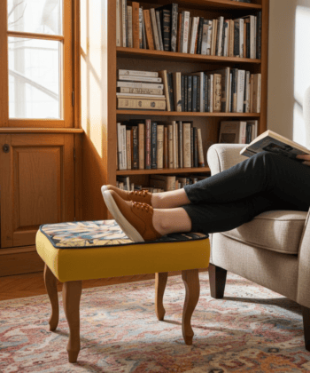 Footstool Yellow Velvet with Artistic Floral Top Natural Beech Legs