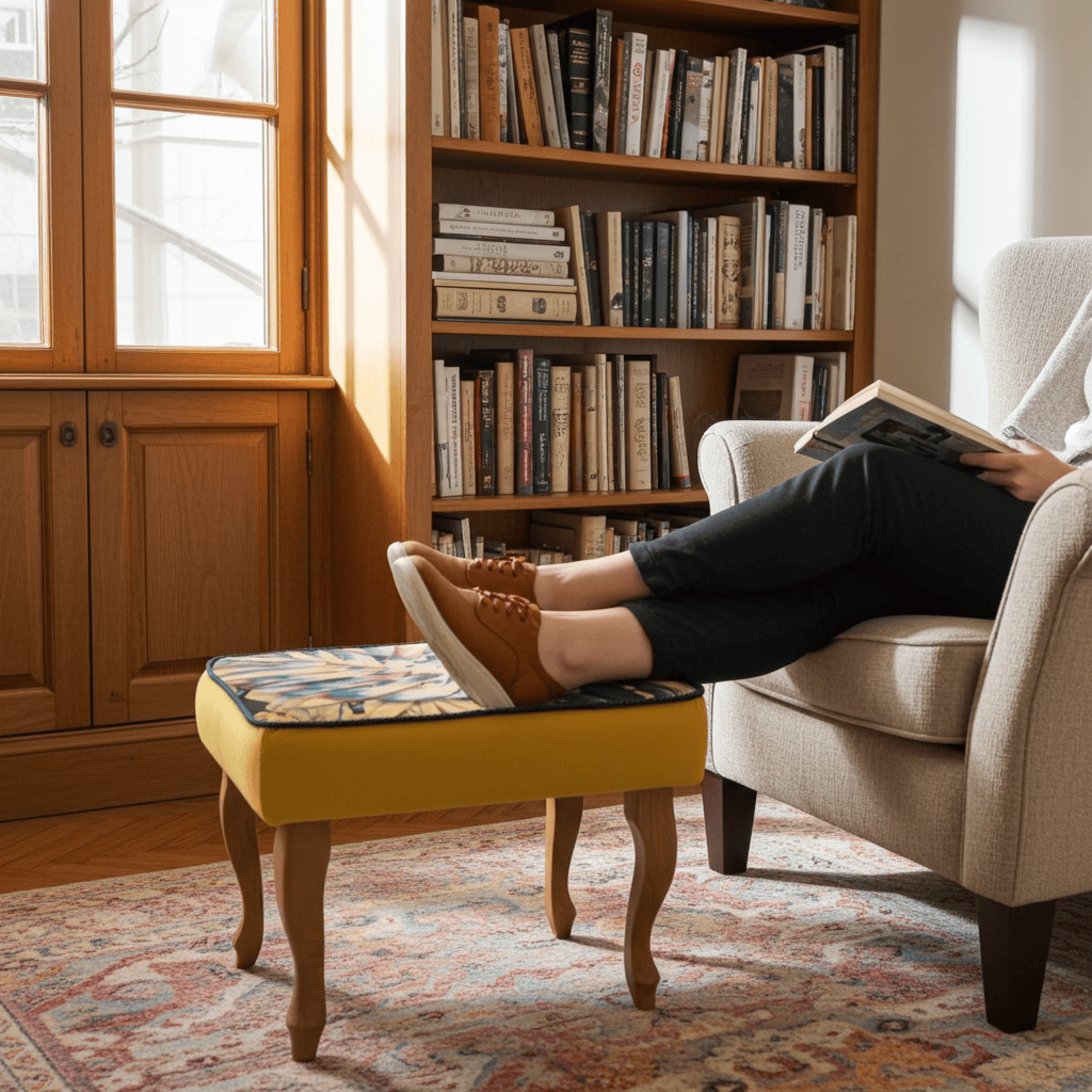 Footstool Yellow Velvet with Artistic Floral Top Natural Beech Legs