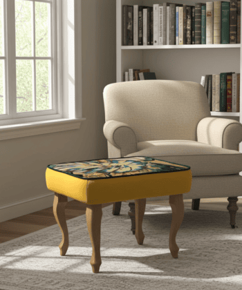 Footstool Yellow Velvet with Artistic Floral Top Natural Beech Legs