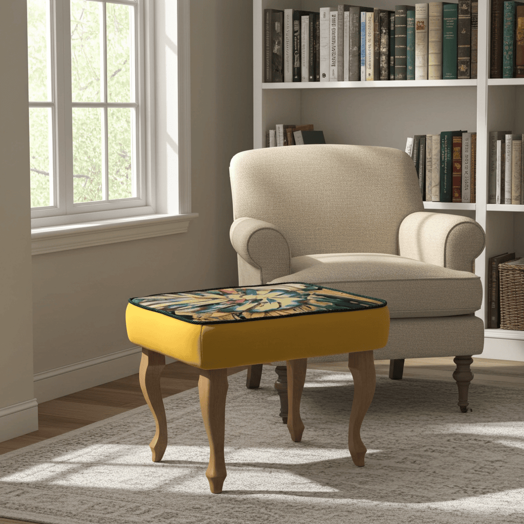 Footstool Yellow Velvet with Artistic Floral Top Natural Beech Legs