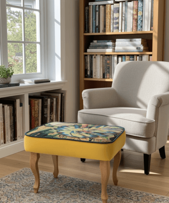 Footstool Yellow Velvet with Artistic Floral Top Natural Beech Legs