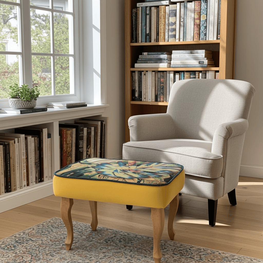Footstool Yellow Velvet with Artistic Floral Top Natural Beech Legs