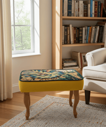 Footstool Yellow Velvet with Artistic Floral Top Natural Beech Legs