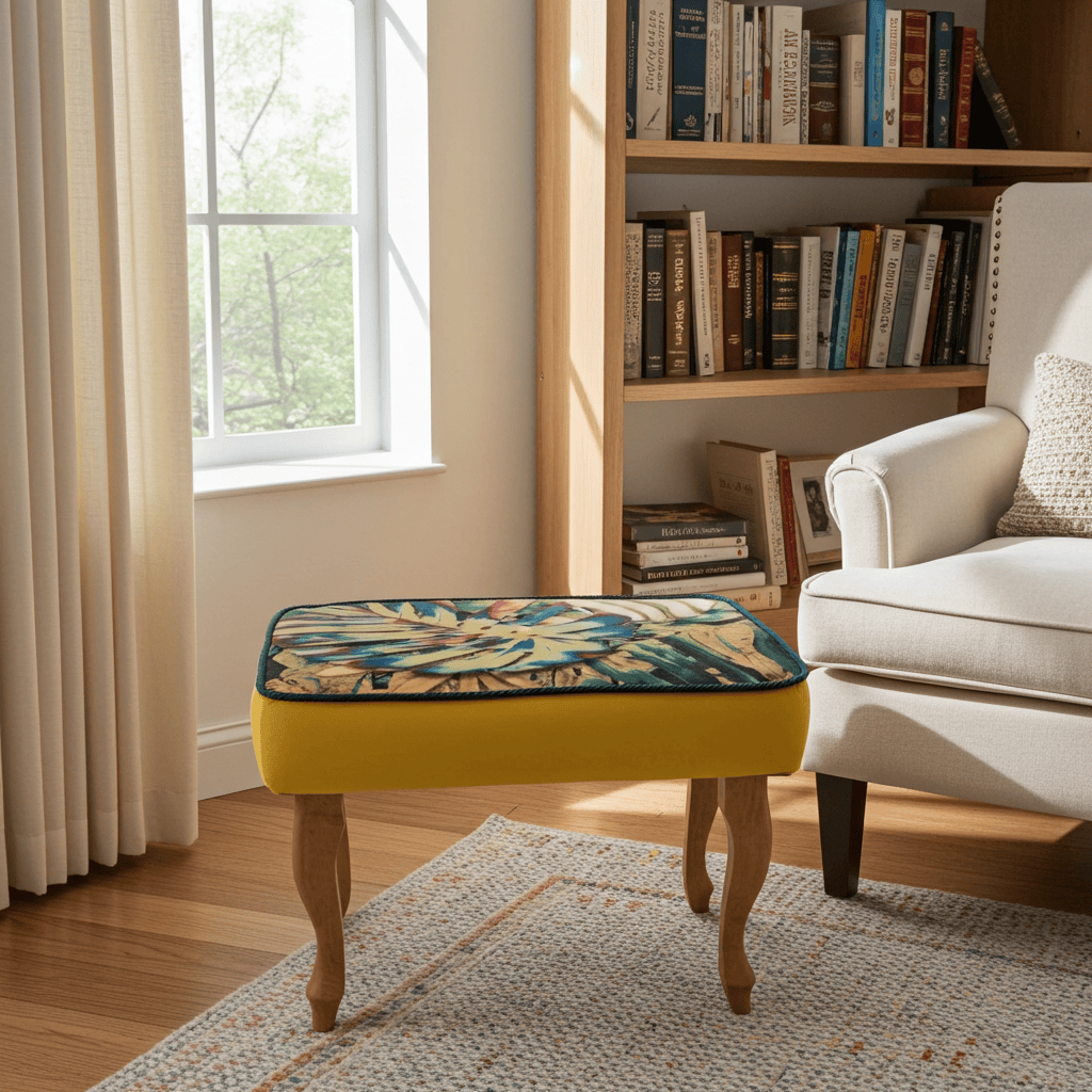 Footstool Yellow Velvet with Artistic Floral Top Natural Beech Legs