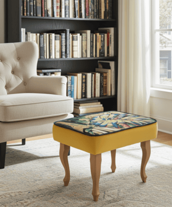 Footstool Yellow Velvet with Artistic Floral Top Natural Beech Legs