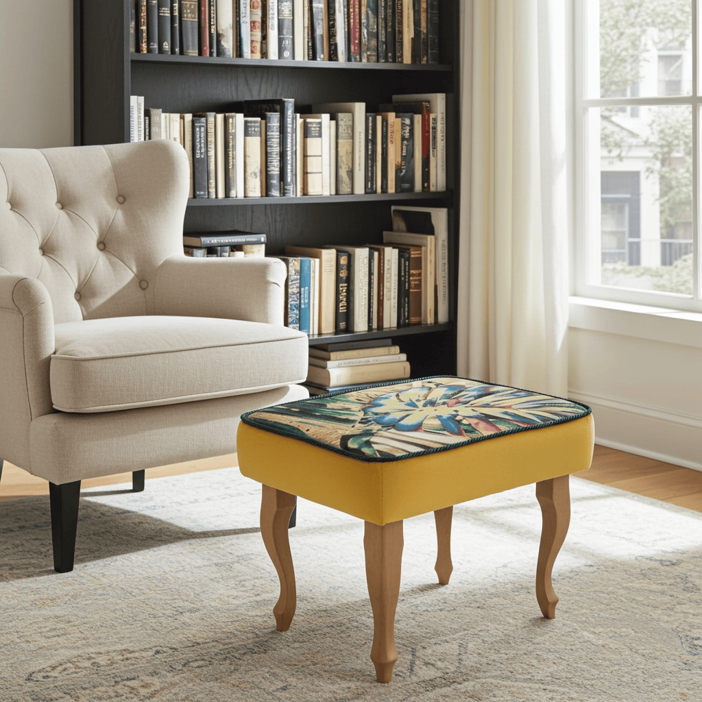 Footstool Yellow Velvet with Artistic Floral Top Natural Beech Legs