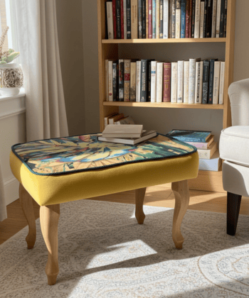 Footstool Yellow Velvet with Artistic Floral Top Natural Beech Legs